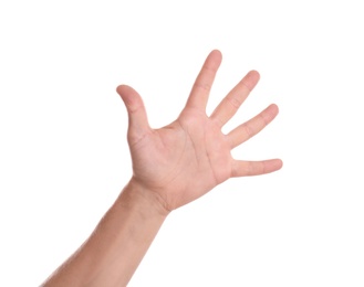 Photo of Man showing hand on white background, closeup