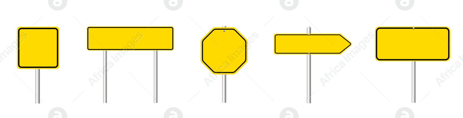 Image of Different yellow blank road signs on white background, collage design