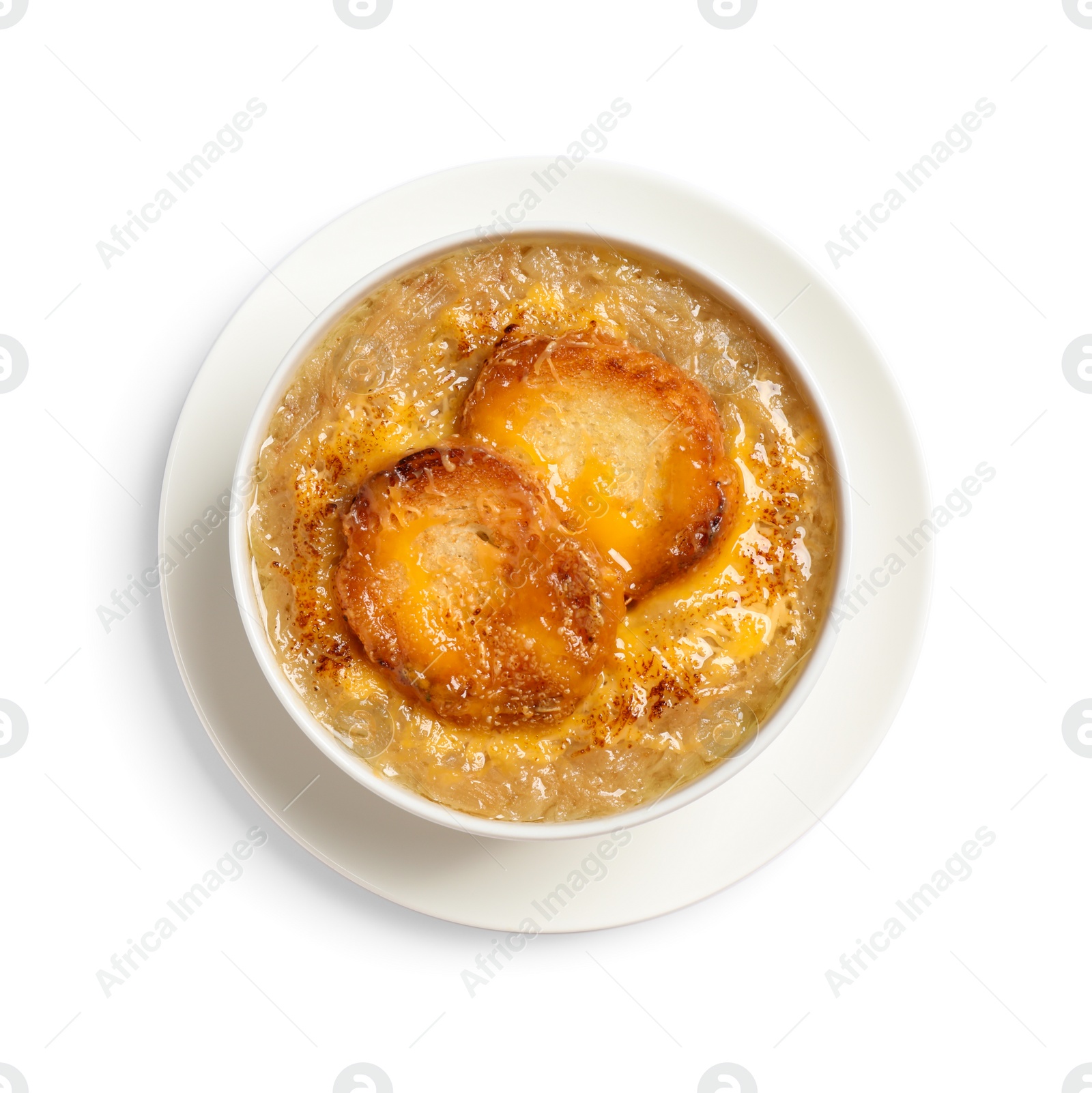 Photo of Tasty homemade french onion soup isolated on white, top view