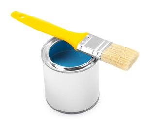 Photo of Can of light blue paint with brush isolated on white