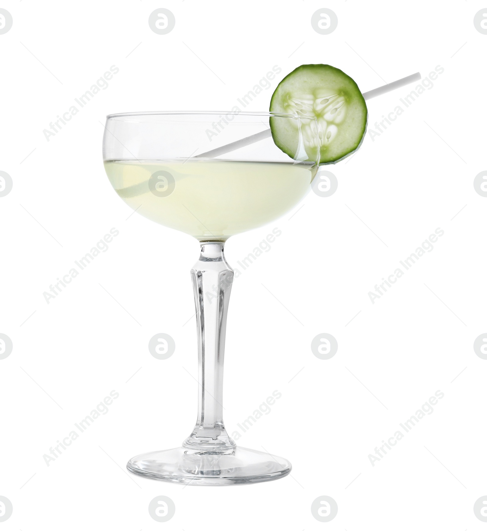 Photo of Glass of tasty martini with cucumber on white background