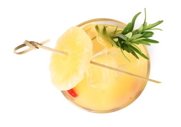Photo of Pineapple cocktail with rosemary isolated on white, top view