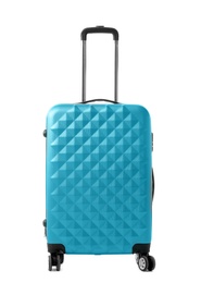 Photo of Blue suitcase packed for journey on white background