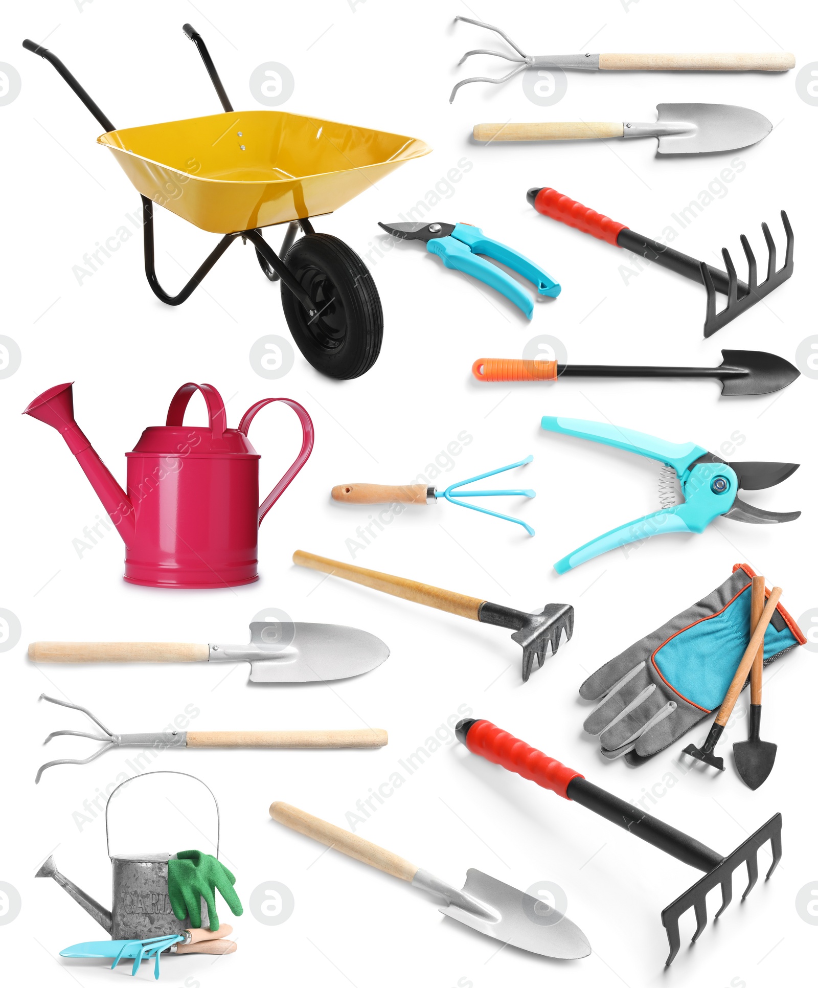 Image of Set of different gardening tools on white background