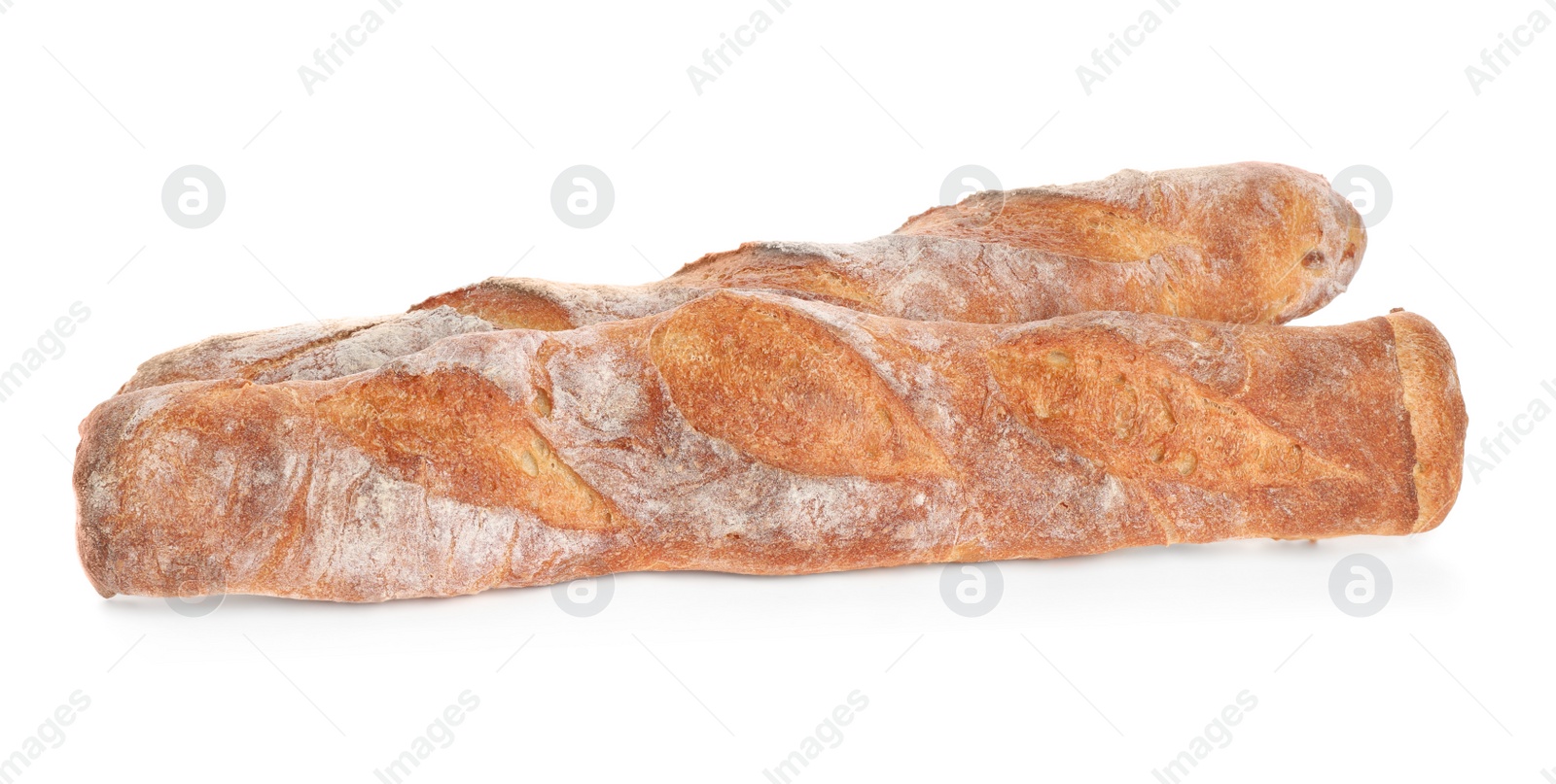 Photo of Crispy French baguettes on white background. Fresh bread