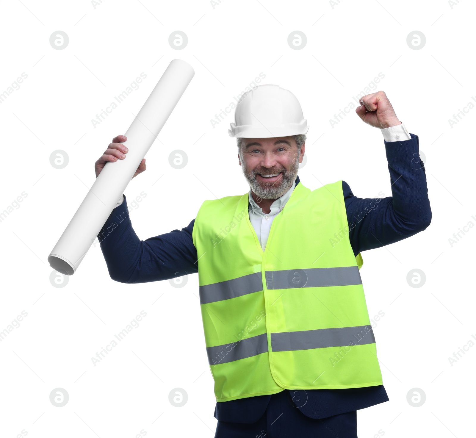 Photo of Architect in hard hat holding draft on white background