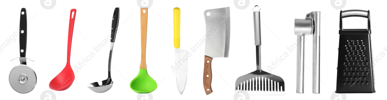 Image of Set with different cooking utensils on white background, banner design