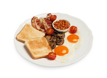 Plate with fried eggs, mushrooms, beans, bacon, tomatoes and toasts isolated on white. Traditional English breakfast