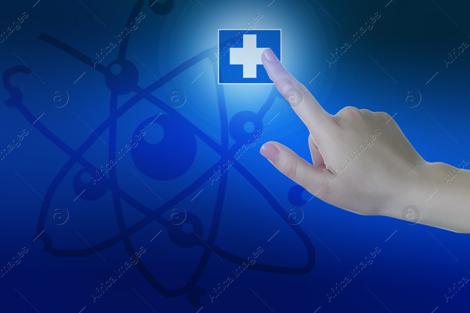 Image of Woman pressing virtual first aid button on blue background, closeup. Emergency help