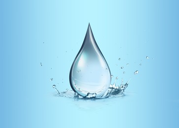 Image of Water drop falling into water on light blue background