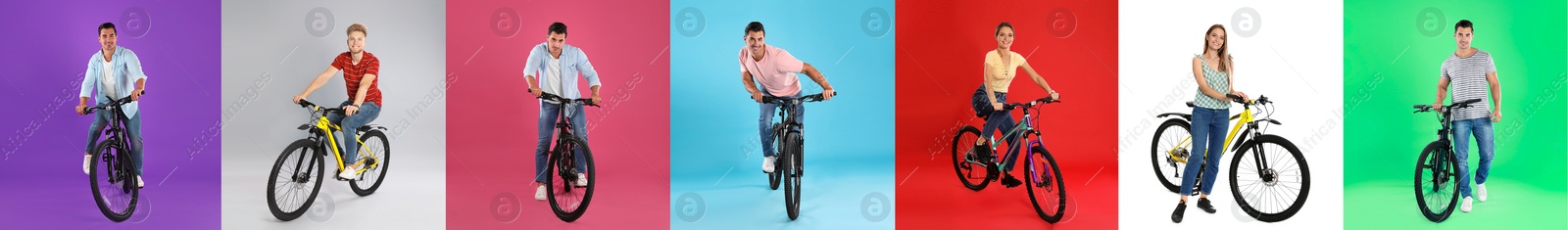 Image of Collage with photos of people with bicycles on different color backgrounds