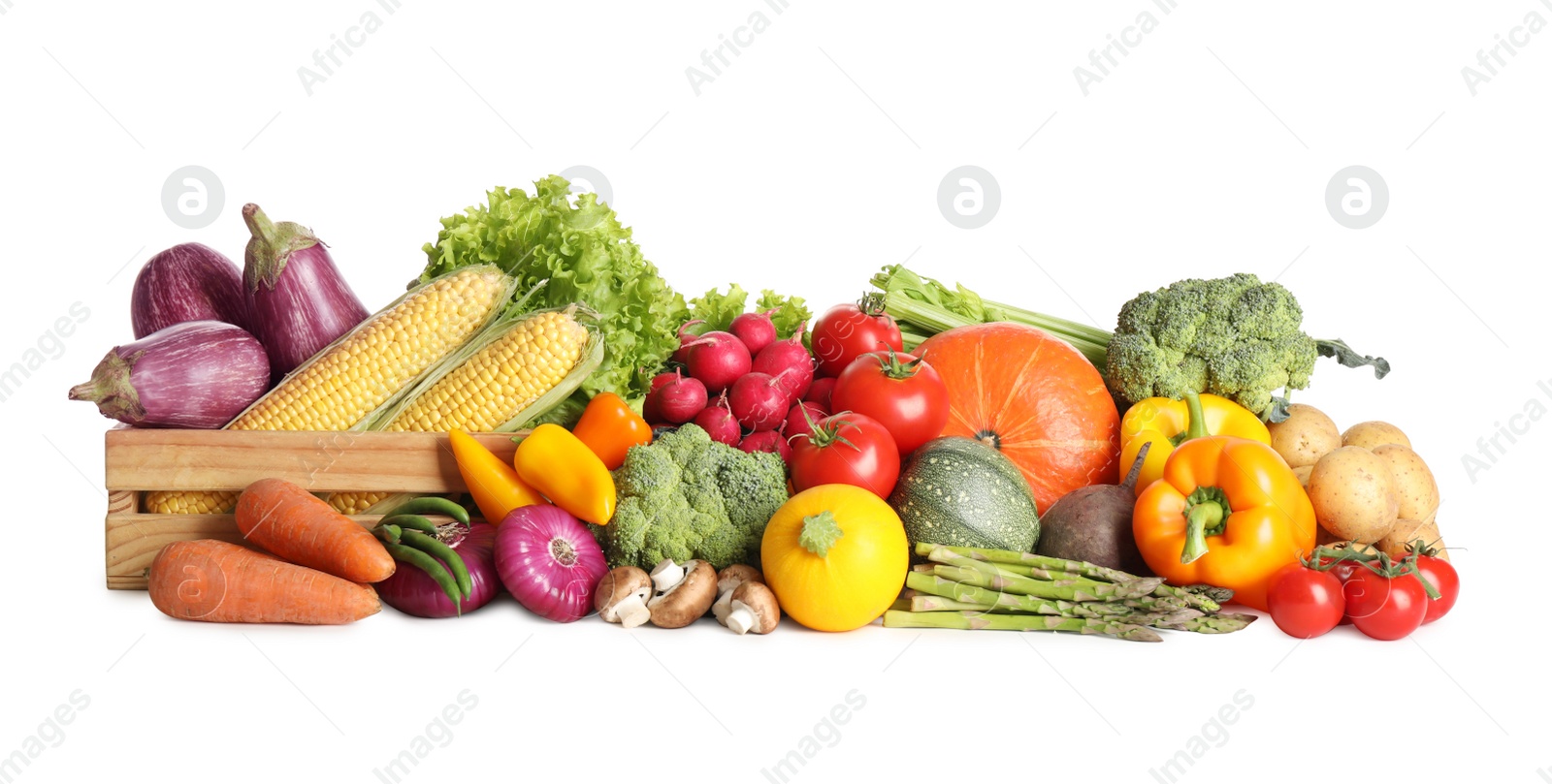 Photo of Pile of different fresh vegetables on white background