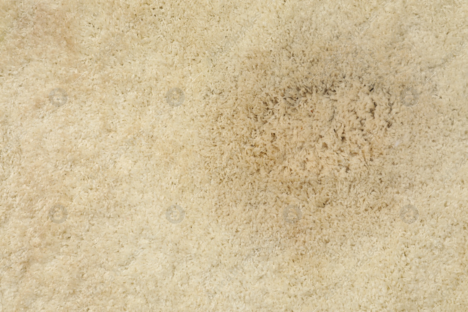 Photo of Wet spot on beige carpet as background, top view