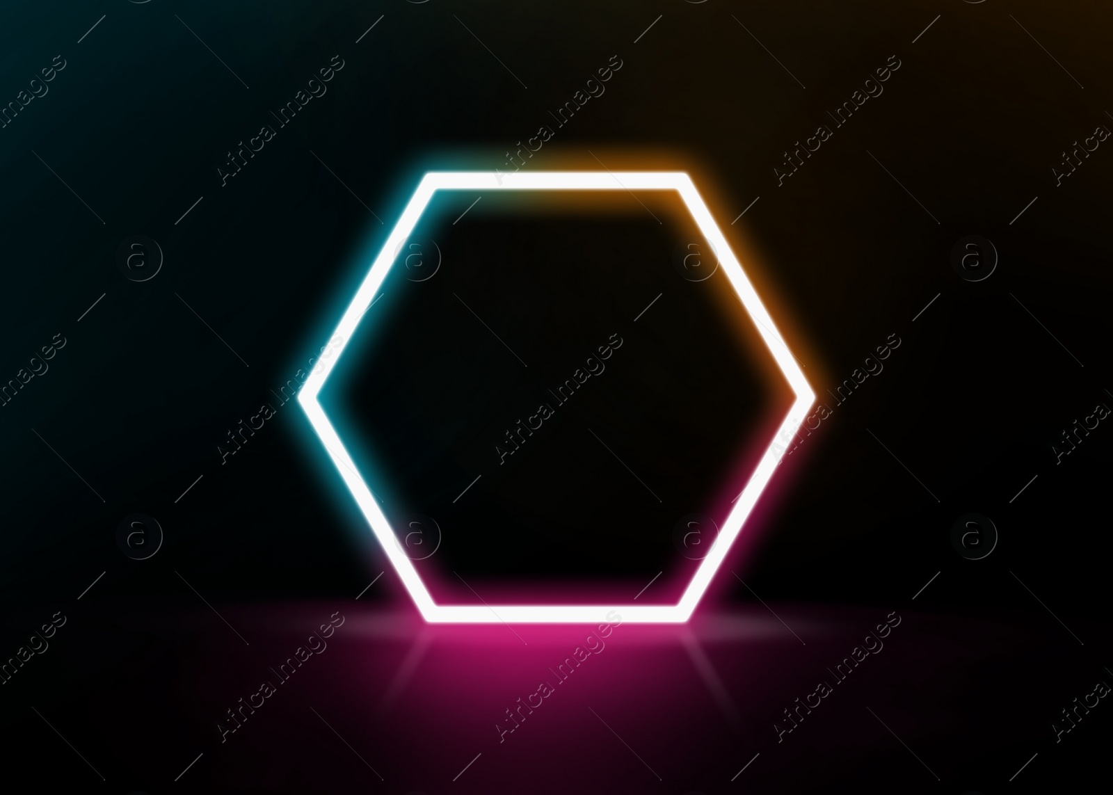Illustration of Glowing hexagonal neon frame on black background, space for text