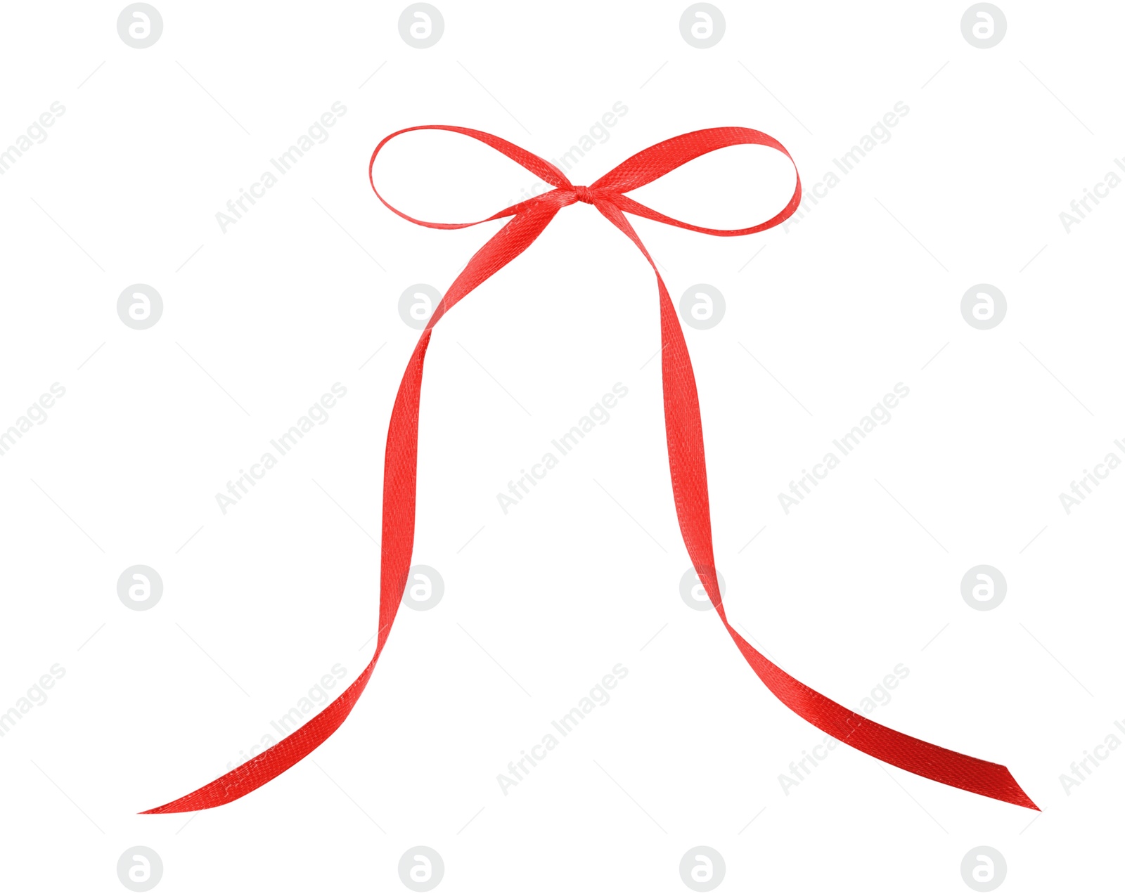 Photo of Beautiful red ribbon tied in bow isolated on white, top view