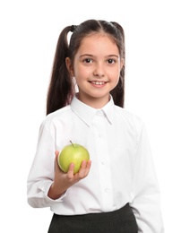 Little girl holding apple on white background. Healthy food for school lunch