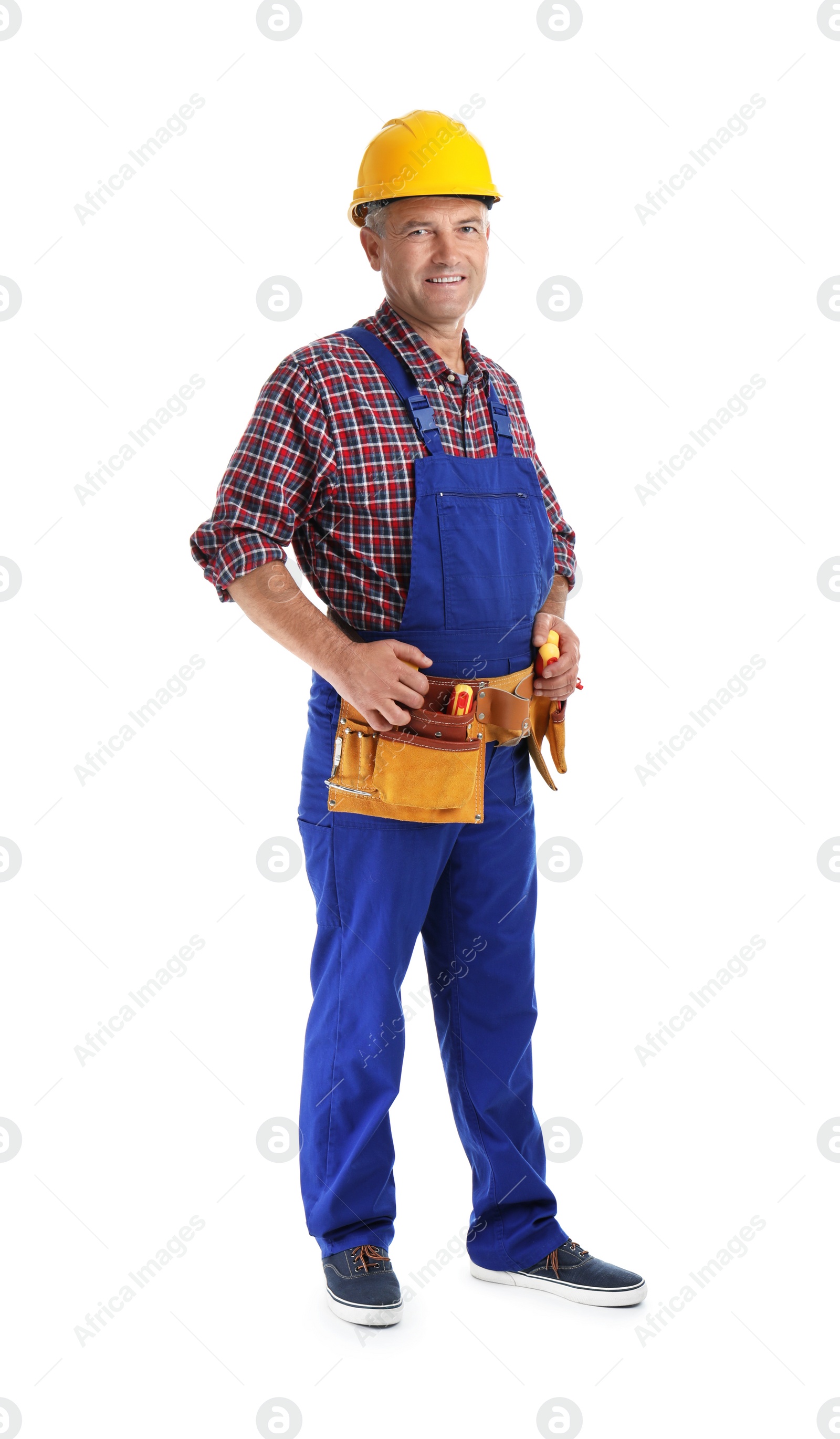 Photo of Electrician with tools wearing uniform on white background