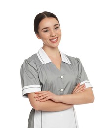 Photo of Portrait of young chambermaid in tidy uniform on white background