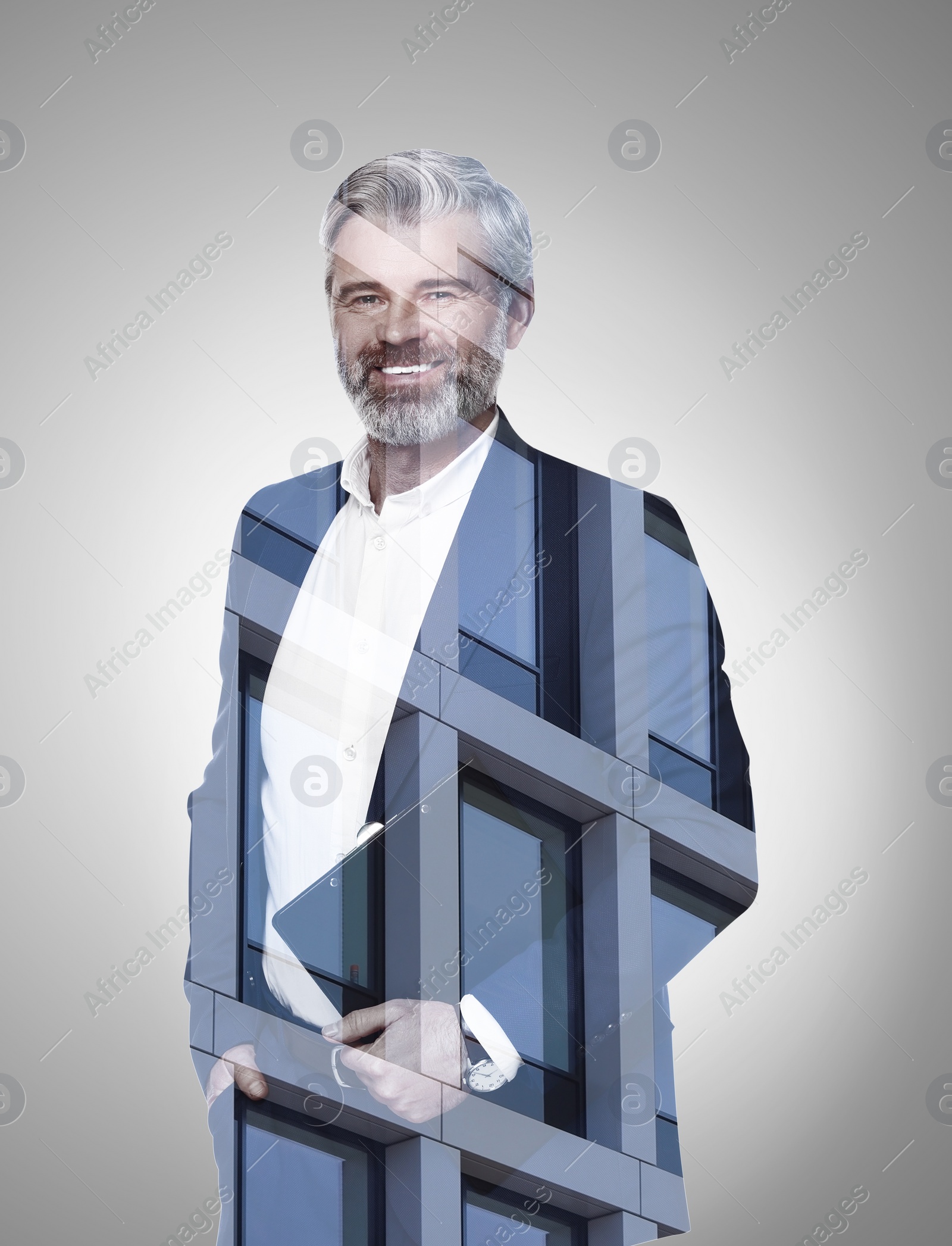 Image of Double exposure of businessman and office building