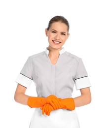 Portrait of young chambermaid in tidy uniform on white background