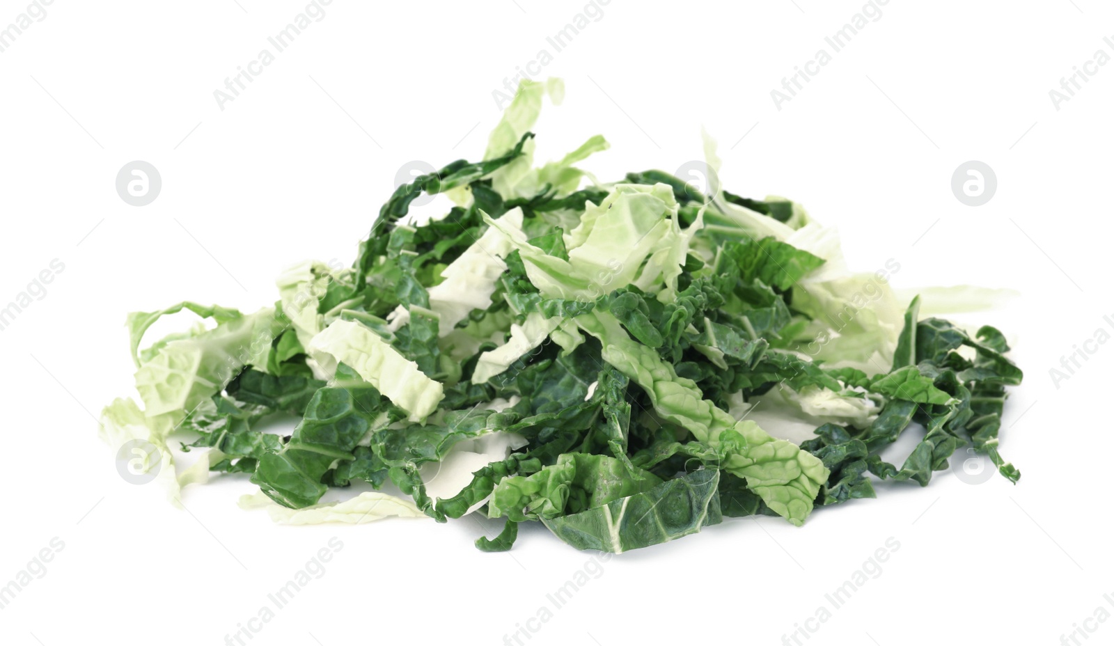 Photo of Pile of shredded savoy cabbage on white background