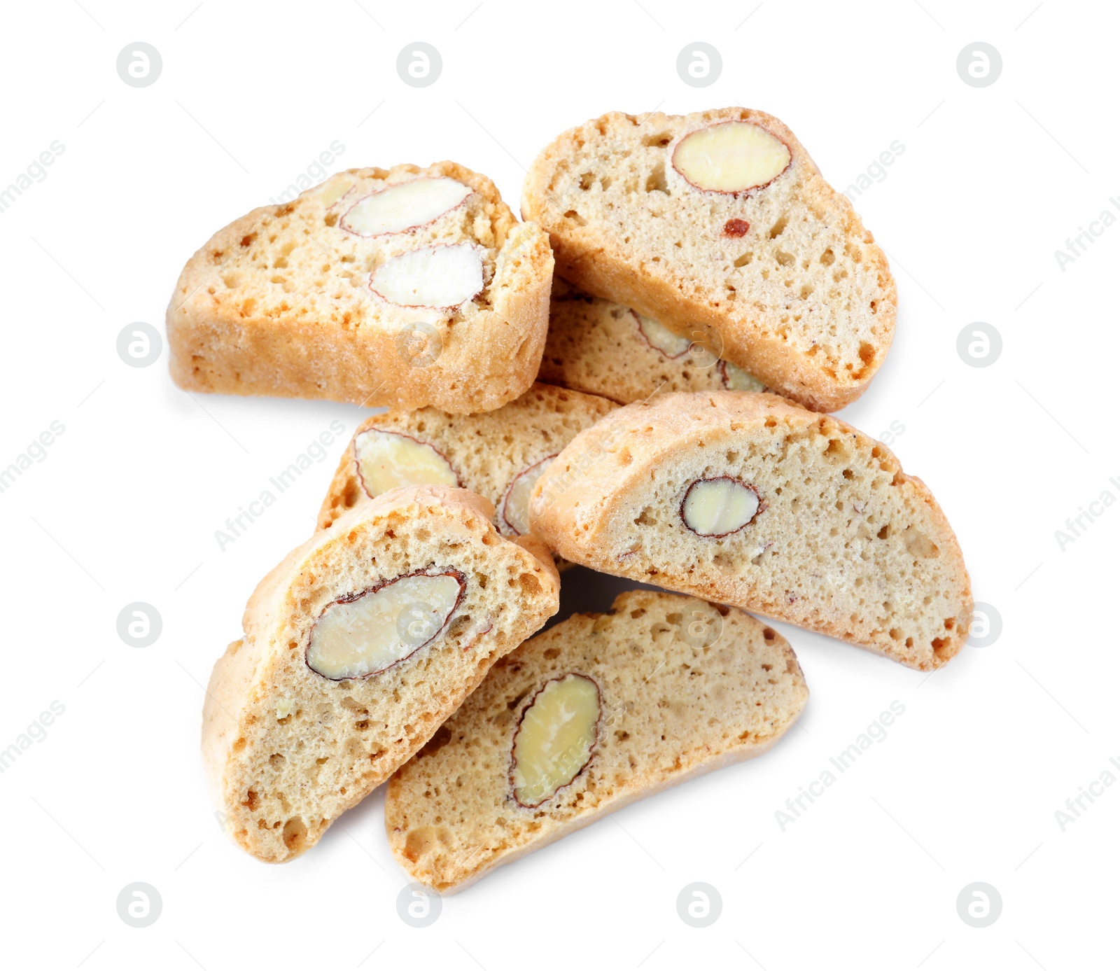 Photo of Slices of tasty cantucci on white background, top view. Traditional Italian almond biscuits