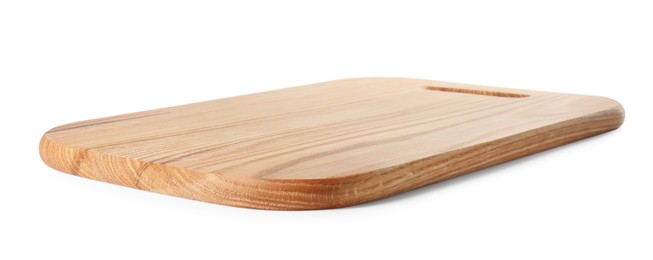 Photo of One wooden cutting board on white background