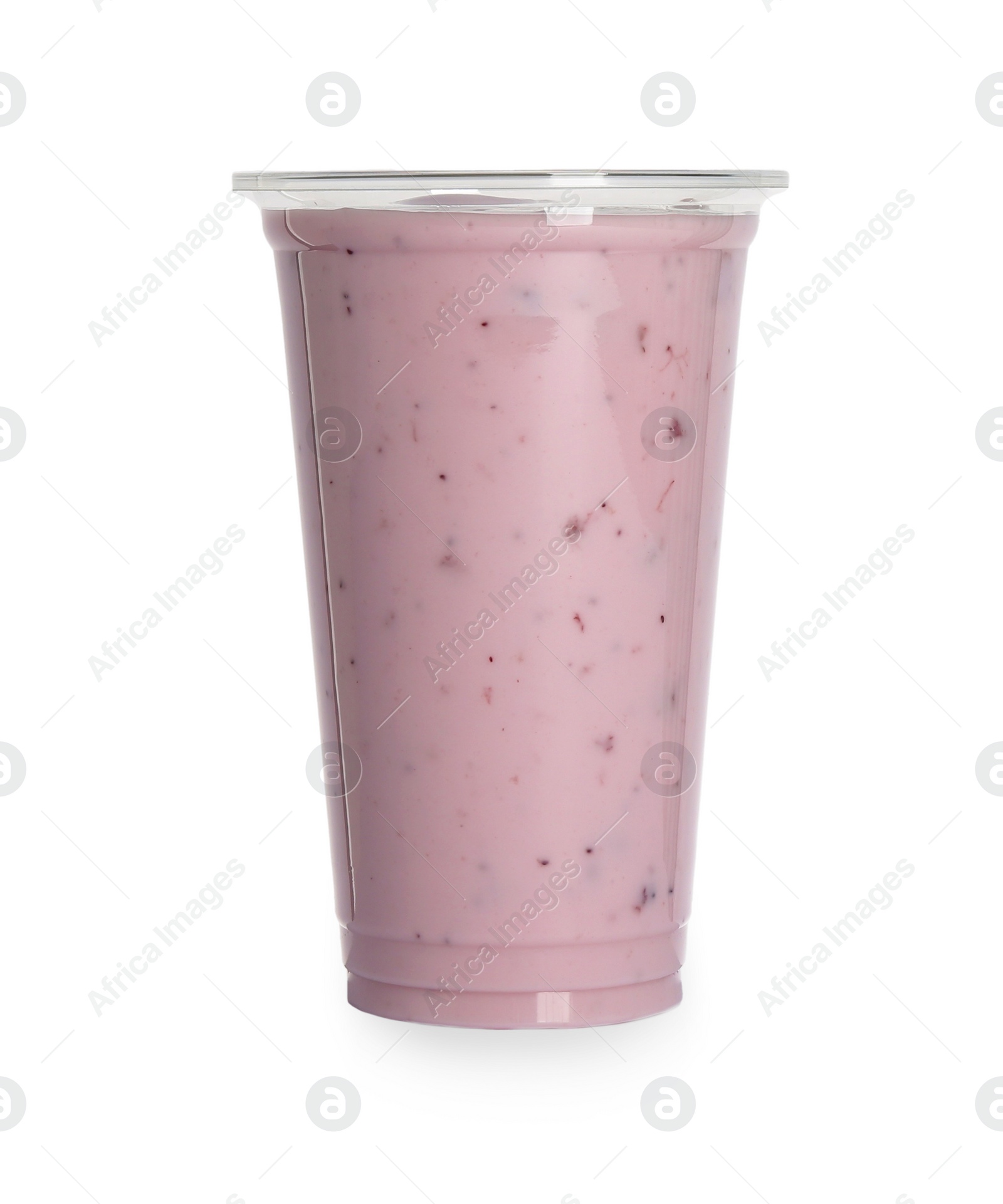 Photo of Plastic cup of tasty smoothie isolated on white