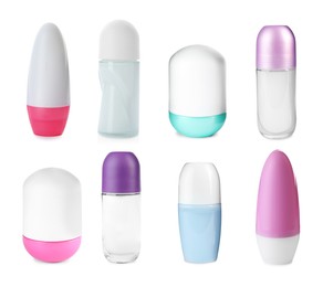 Set of different deodorants on white background