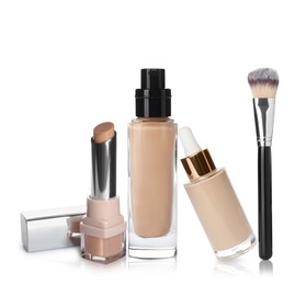 Image of Set with different decorative cosmetics on white background. Luxurious makeup products 