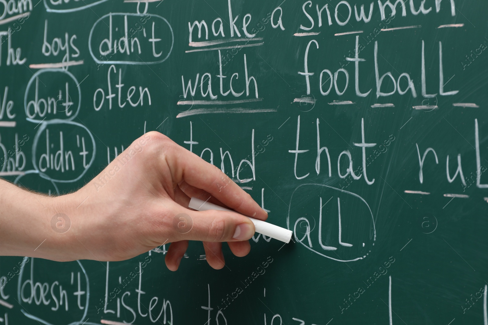 Photo of English teacher writing with chalk on green chalkboard, closeup