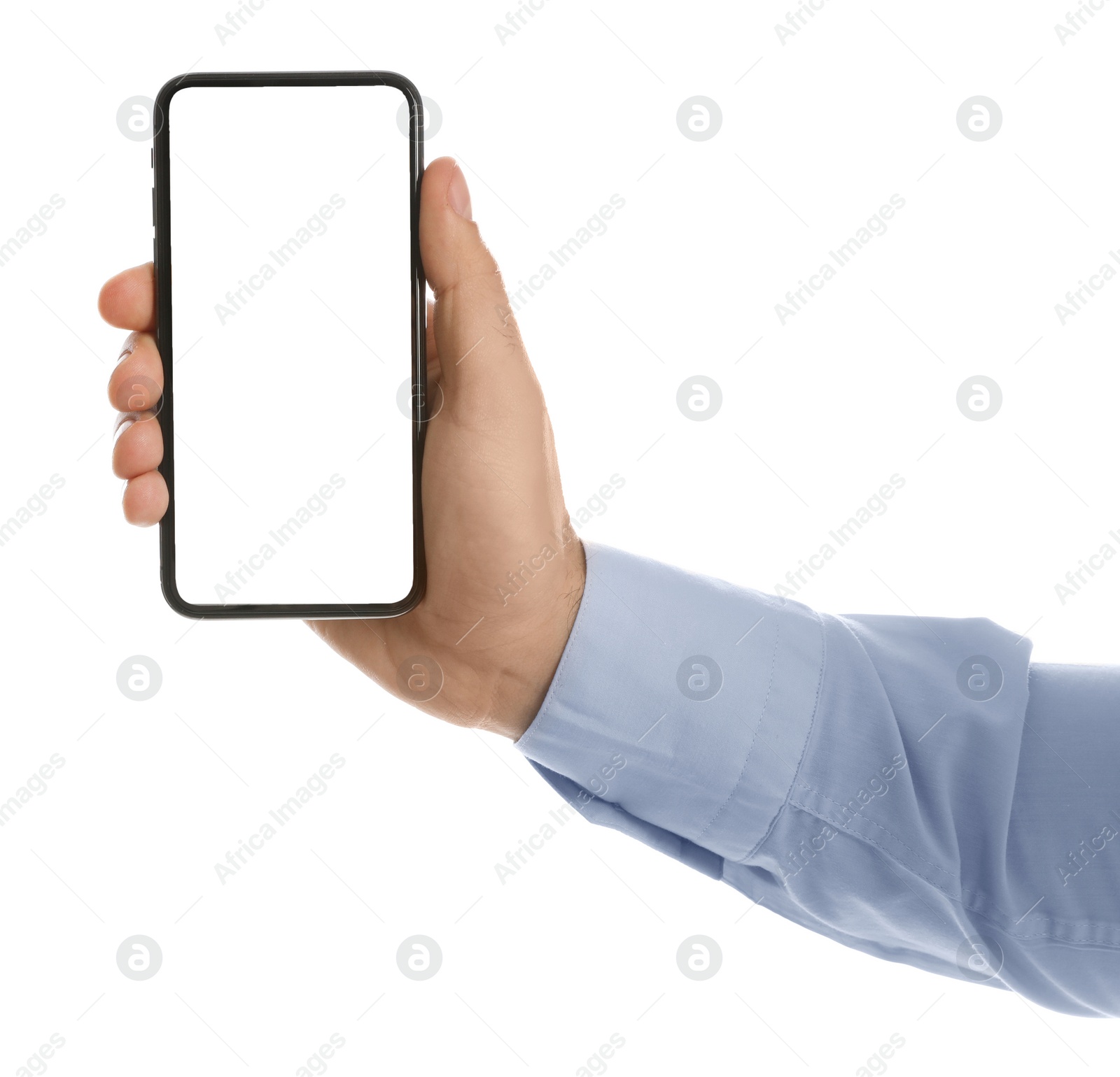 Image of Man holding mobile phone with empty screen on white background, closeup