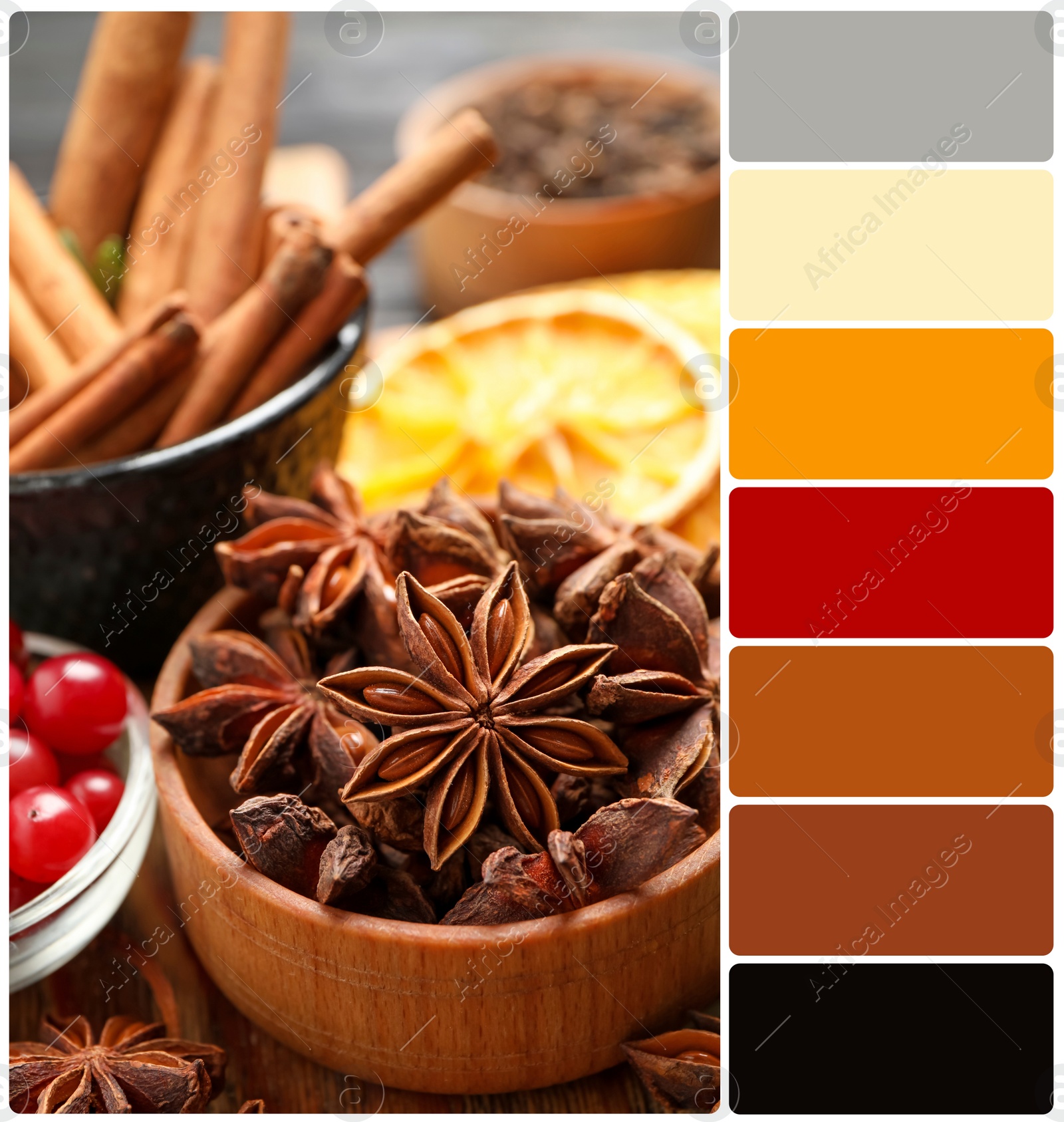 Image of Different mulled wine ingredients on table and color palette. Collage
