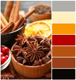 Different mulled wine ingredients on table and color palette. Collage