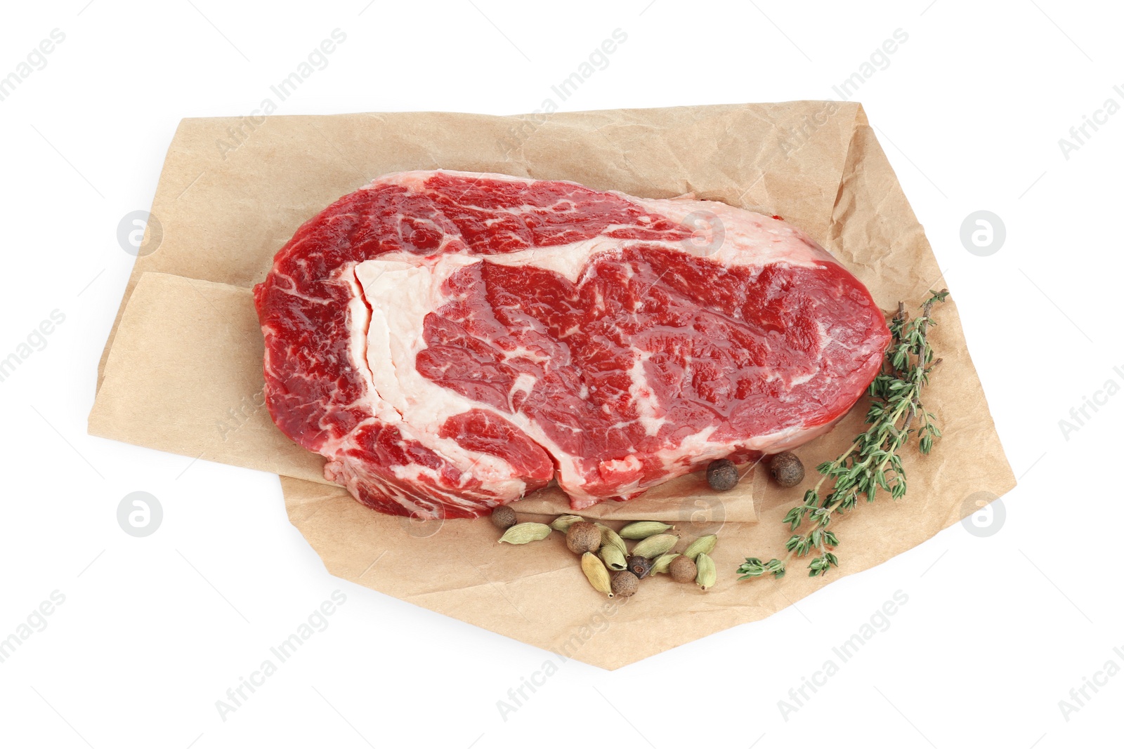 Photo of Piece of fresh beef meat, thyme and spices on white background, top view