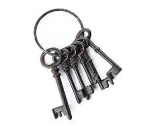 Photo of Bunch of vintage keys on white background, top view