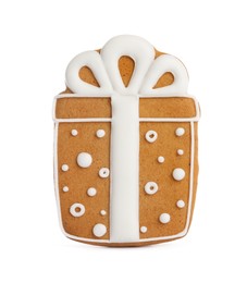 Photo of Tasty gingerbread cookie in shape of gift box on white background. St. Nicholas Day celebration