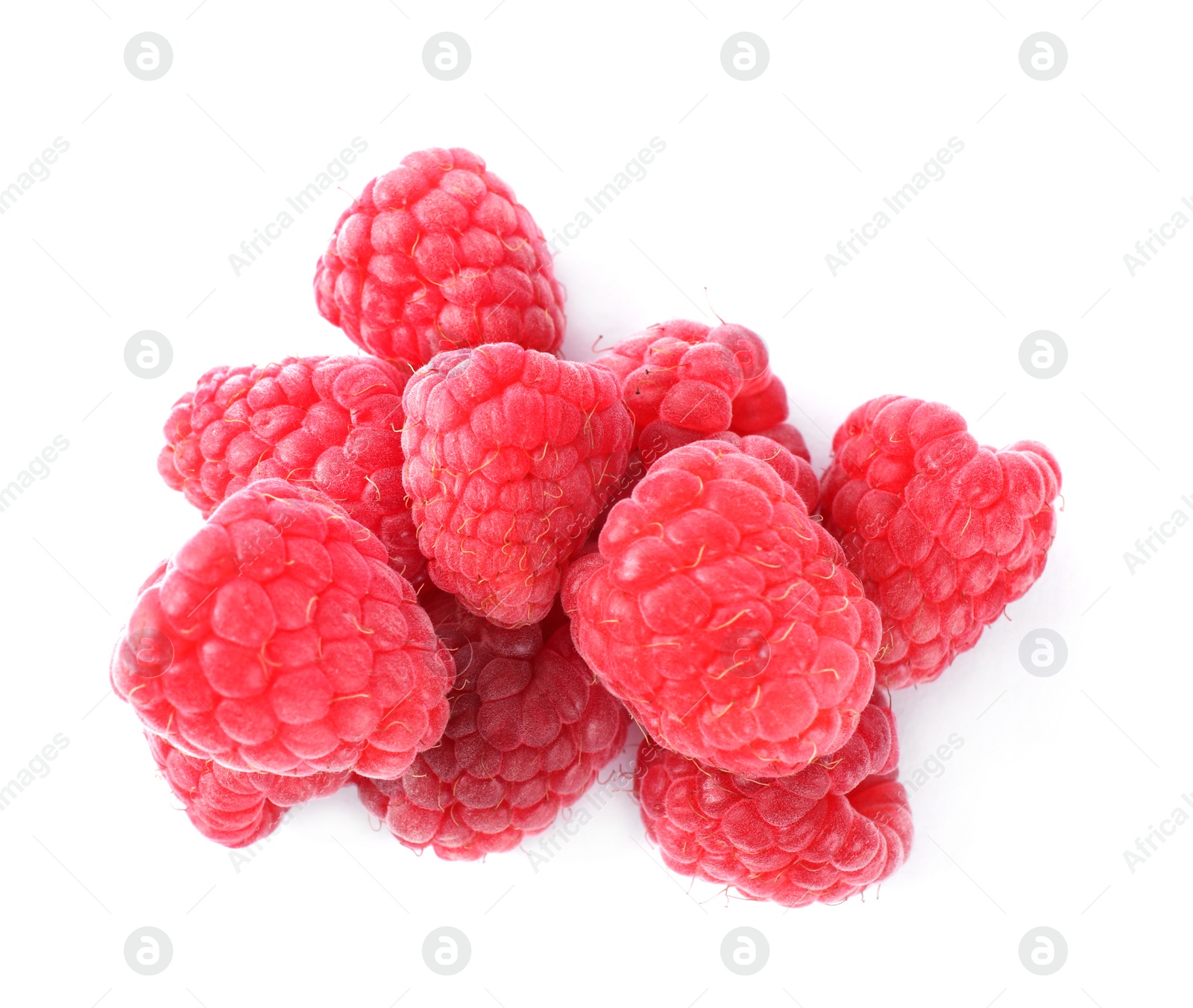 Photo of Pile of fresh ripe raspberries isolated on white, top view