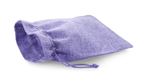 Photo of One violet burlap bag isolated on white