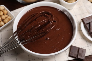 Photo of Bowl with chocolate cream and whisk on table, closeup