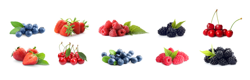 Image of Set of different ripe berries on white background. Banner design