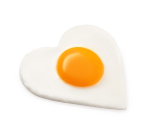 Photo of Tasty fried egg in shape of heart isolated on white