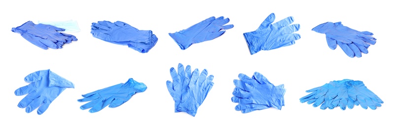 Image of Set of medical gloves on white background. Banner design