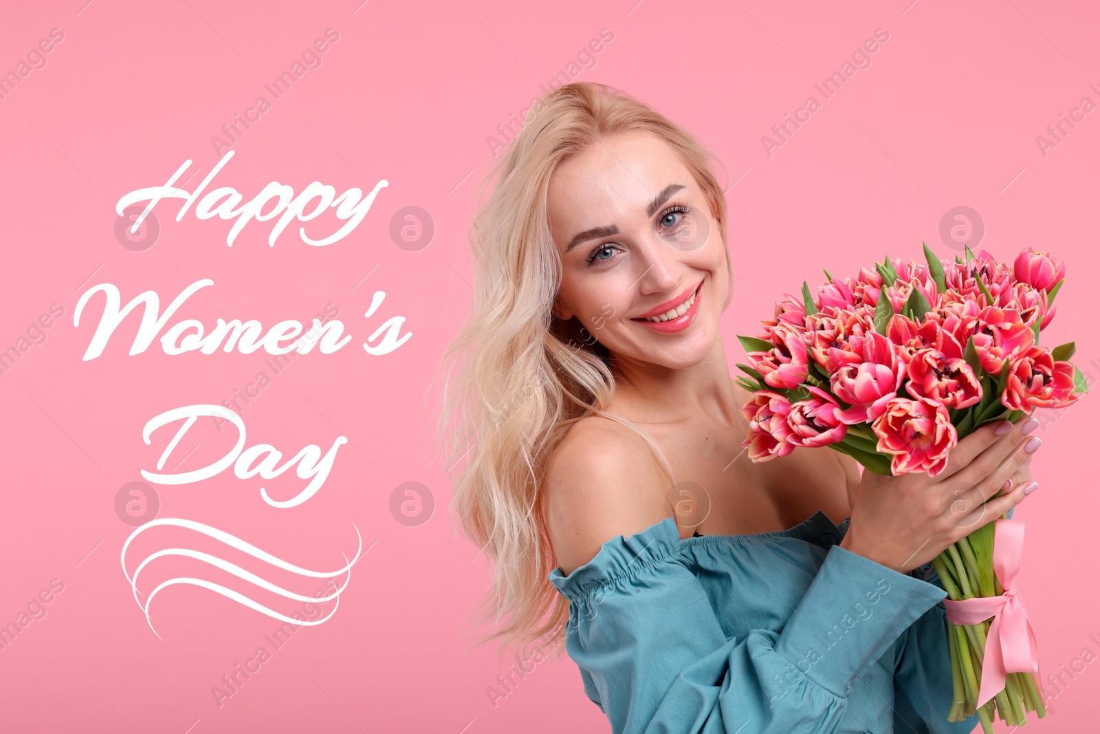 Image of Happy Women's Day - March 8. Attractive lady with bouquet of tulips on pink background