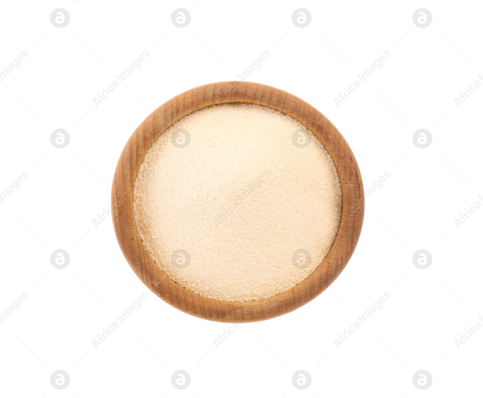 Photo of Uncooked semolina in bowl isolated on white, top view