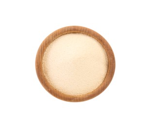 Photo of Uncooked semolina in bowl isolated on white, top view