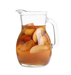 Delicious compot with dried apple slices in glass pitcher on white background