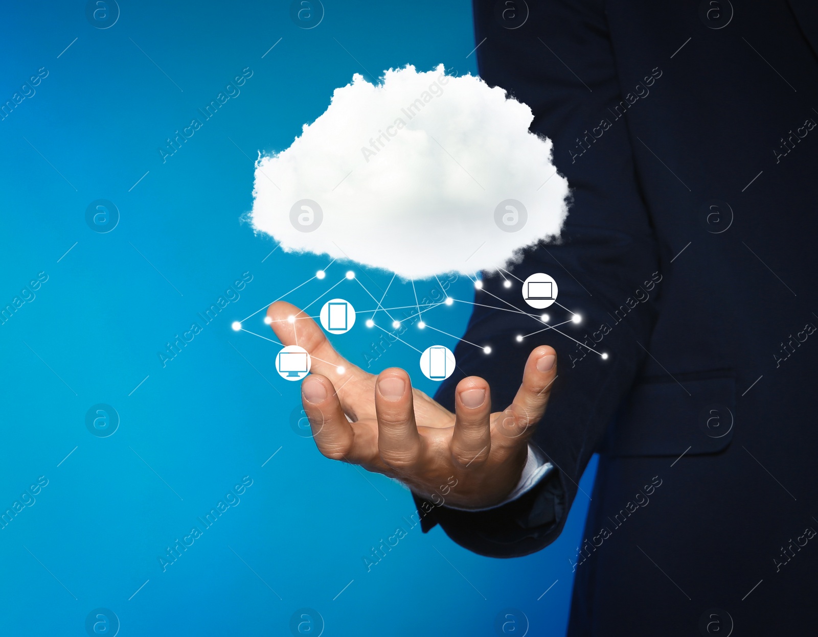 Image of Modern storage technology concept. Man demonstrating cloud with icons on light blue background, closeup