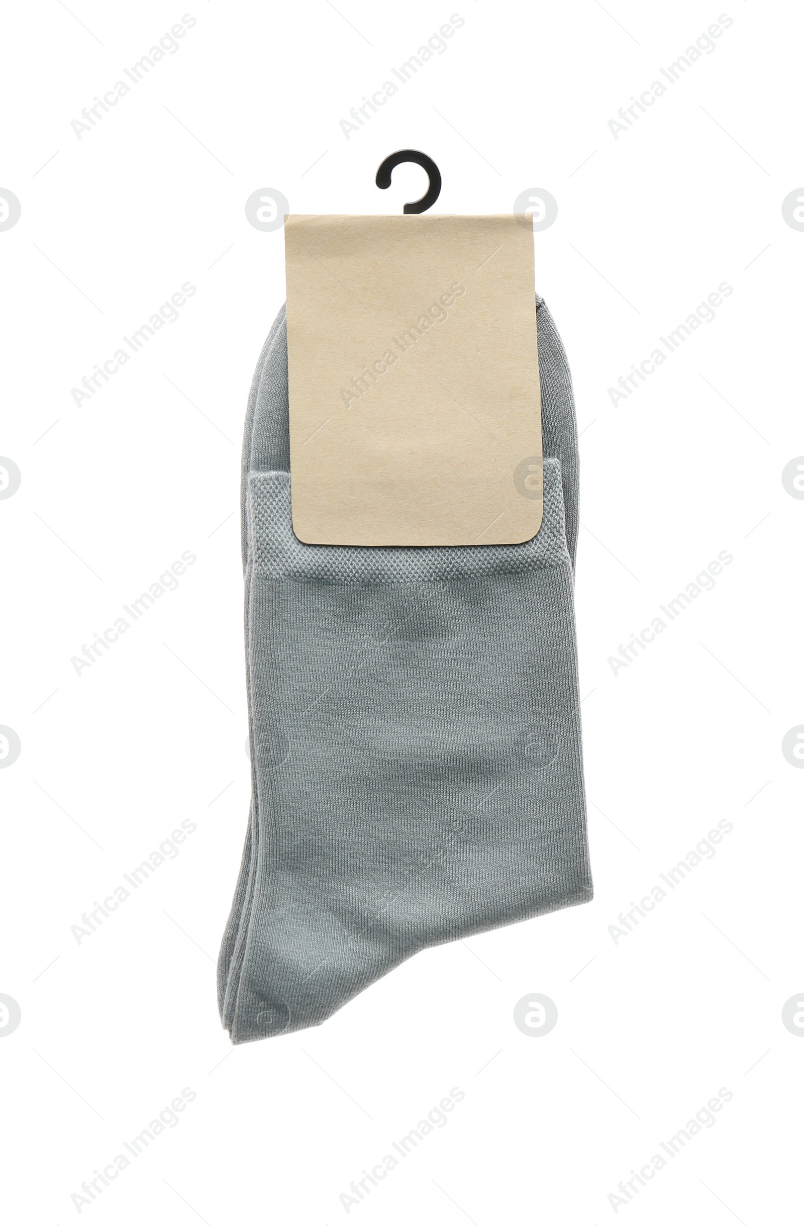 Photo of New pair of grey socks on white background