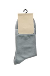 Photo of New pair of grey socks on white background